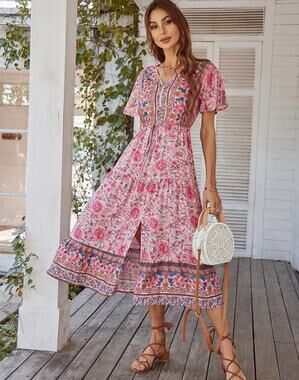 SHEIN Dress Womens XL 12 Pink Floral Boho Maxi V Neck Short Sleeve Tie Wais